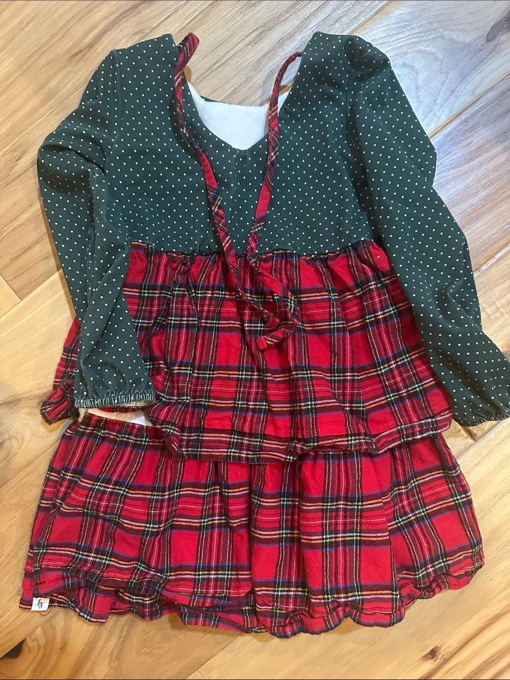 Girls Green Polka Dot Top with Red Plaid Tiered Skirt Dress
